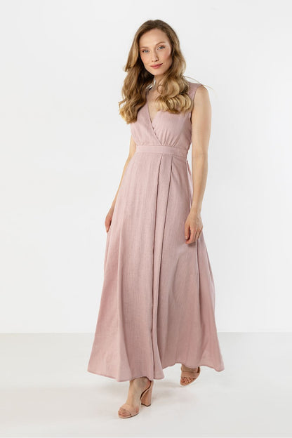 Pink sleeveless maxi daydress with V-neck and gathered empire waist, A-line skirt