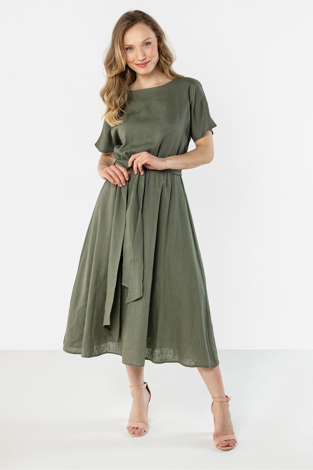Awama daydress in olive green with short sleeves and tie waist, midi A-line