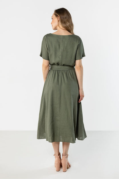 Awama daydress in olive green with back yoke and tied waist, midi length
