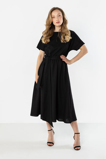 Awama daydress in black with short sleeves, cinched tie waist, midi A-line