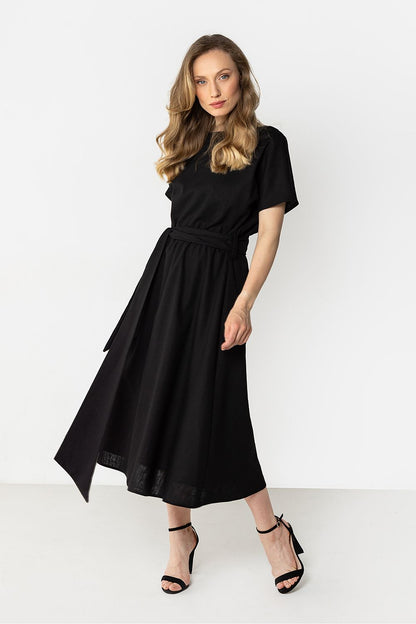 Black day dress with short sleeves, gathered waist and midi skirt