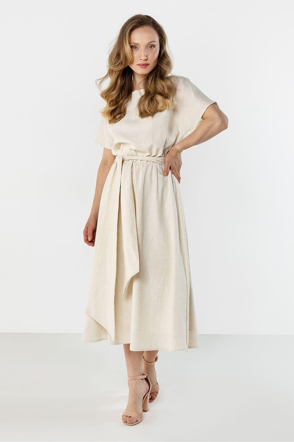 Cream midi daydress with puffed short sleeves and draped tie belt