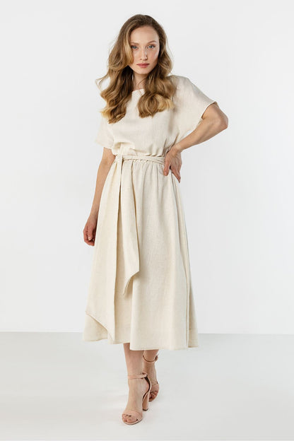 Cream day dress with short sleeves, tie waist belt and midi skirt