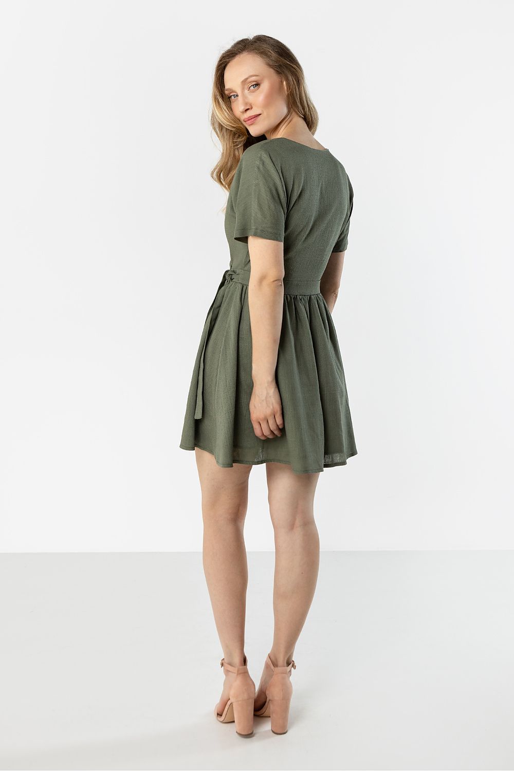 Olive green short-sleeve daydress, tied waist with gathered A-line skirt