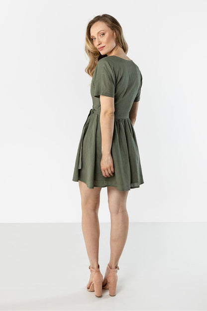 Olive green short-sleeve daydress, tied waist with gathered A-line skirt
