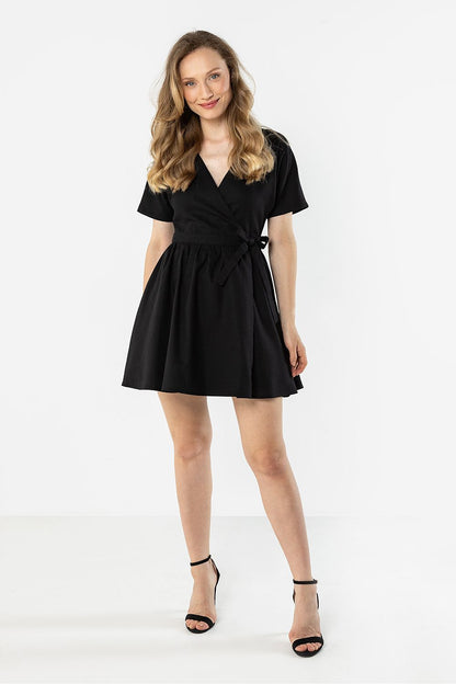 Black short-sleeve daydress with V-neck, waist tie and gathered flare skirt