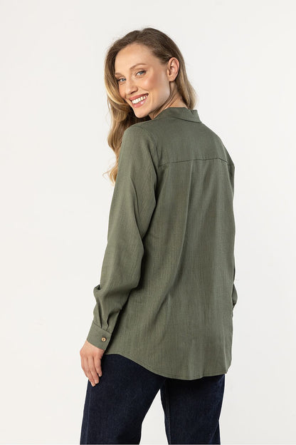 Awama long-sleeve shirt in olive green, back view with long sleeves and buttons