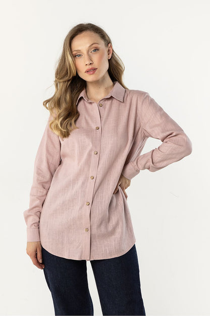 Awama long-sleeve shirt in dusty pink, button-front with collared neckline