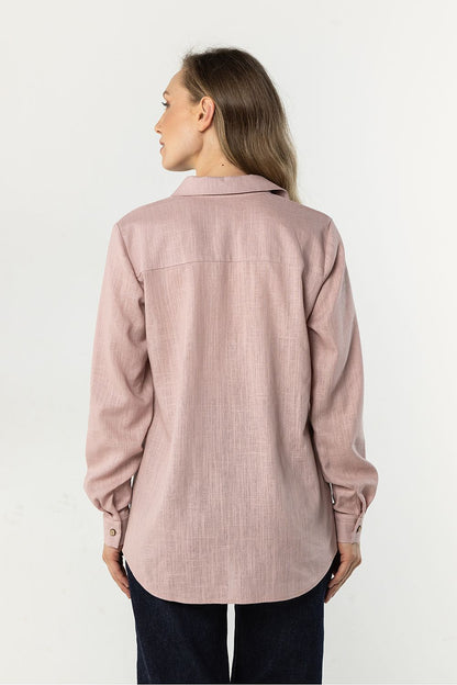 Awama long-sleeve shirt in dusty pink, back view with center-button details
