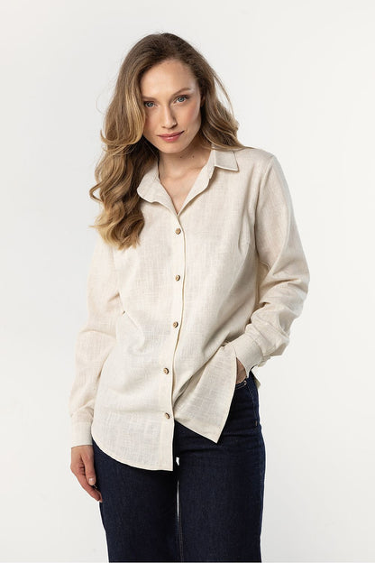 Awama long-sleeve shirt in beige, front view with collared button placket