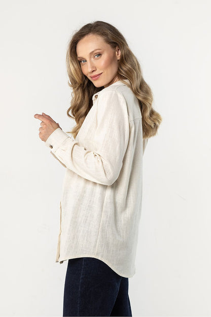 Awama long-sleeve shirt in beige, side view with long sleeves and button placket
