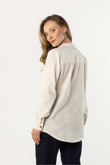 Long sleeve button-up shirt, beige, collared with chest yoke and button placket