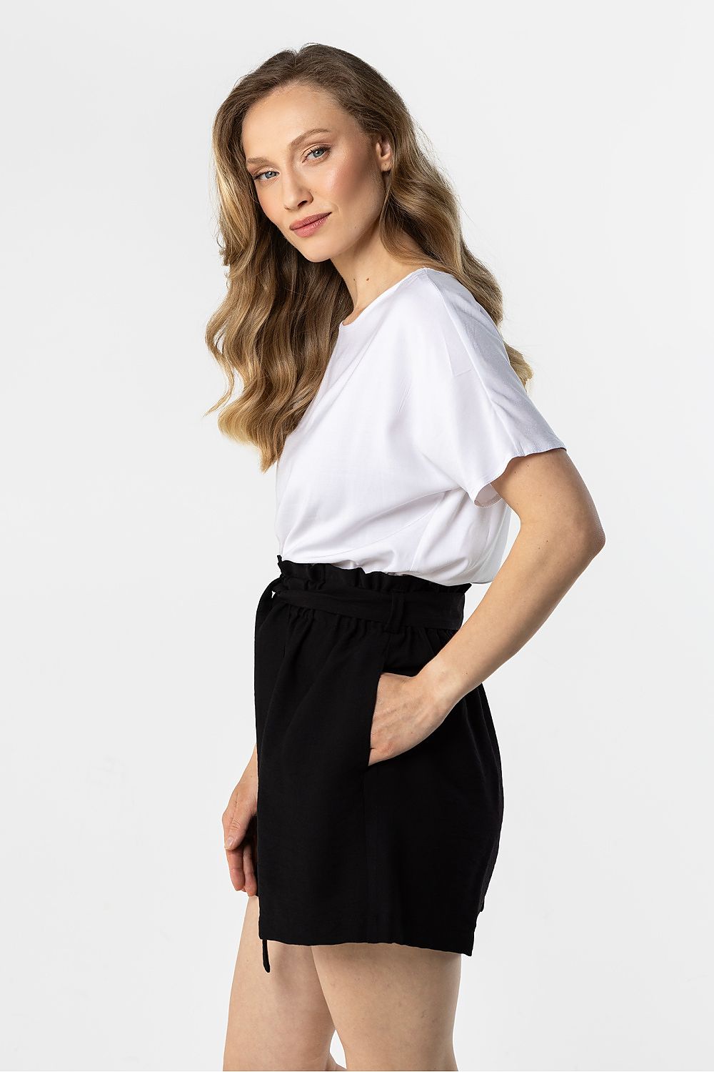 Black drawstring waist shorts, side tie detail
