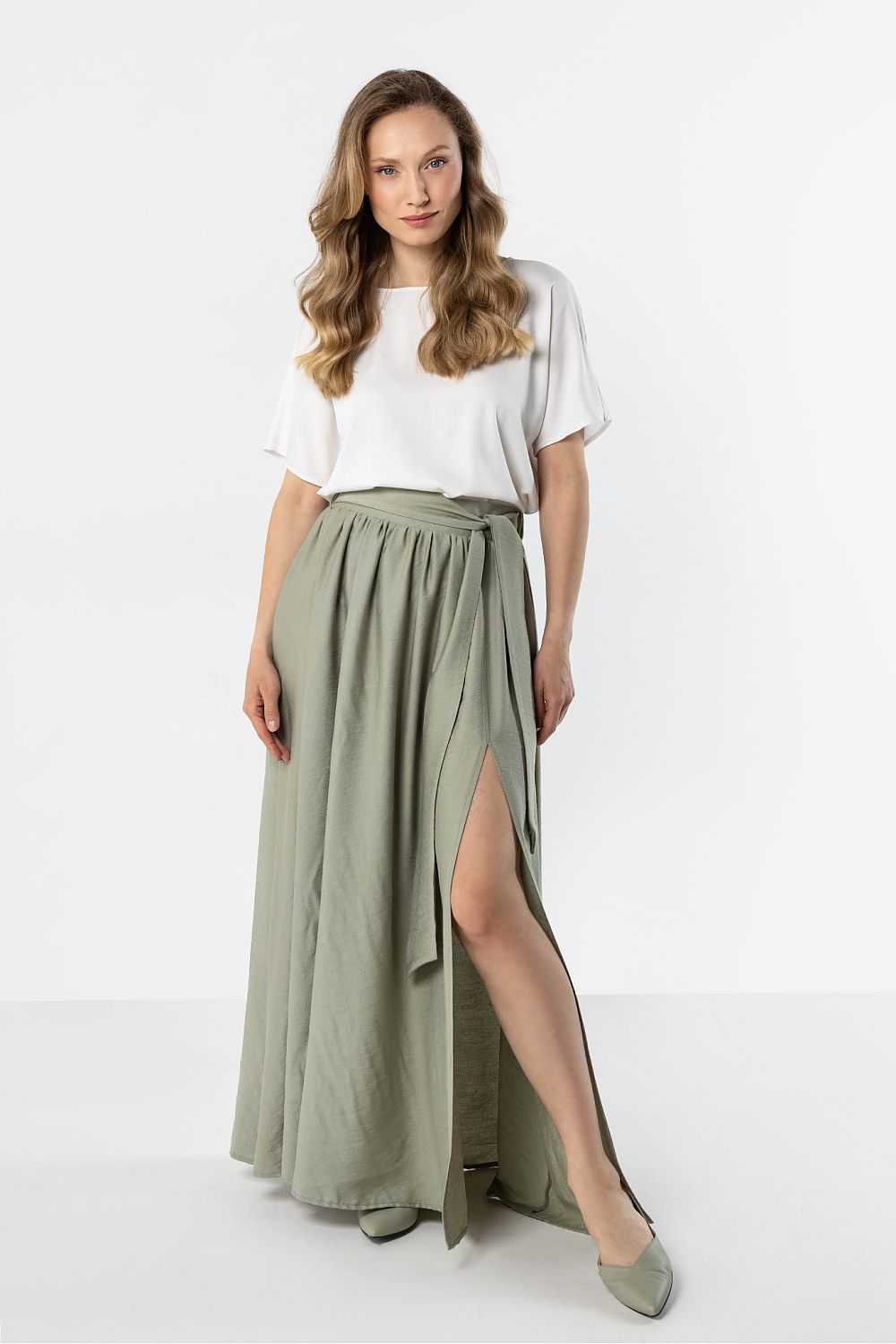 Long sage green skirt with elastic waistband and front side slit