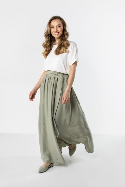 Long sage green skirt with elastic waistband and flowing A-line drape