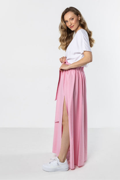 Long dusty pink skirt with gathered waist and front leg-opening slit