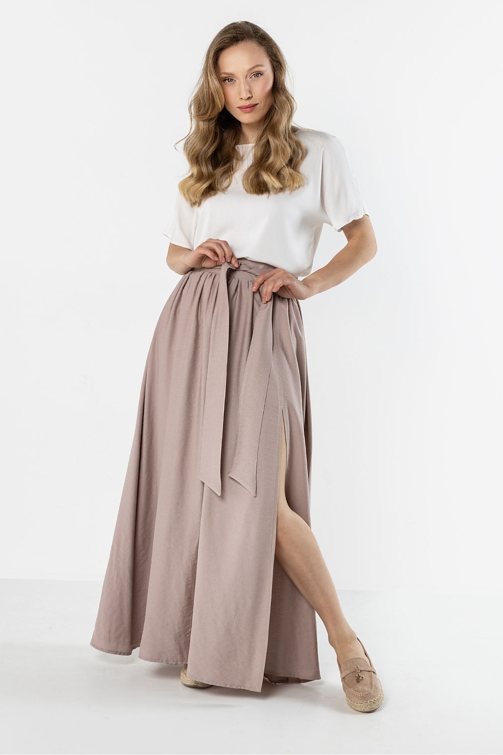 Long taupe beige maxi skirt with elastic waistband and front side slit