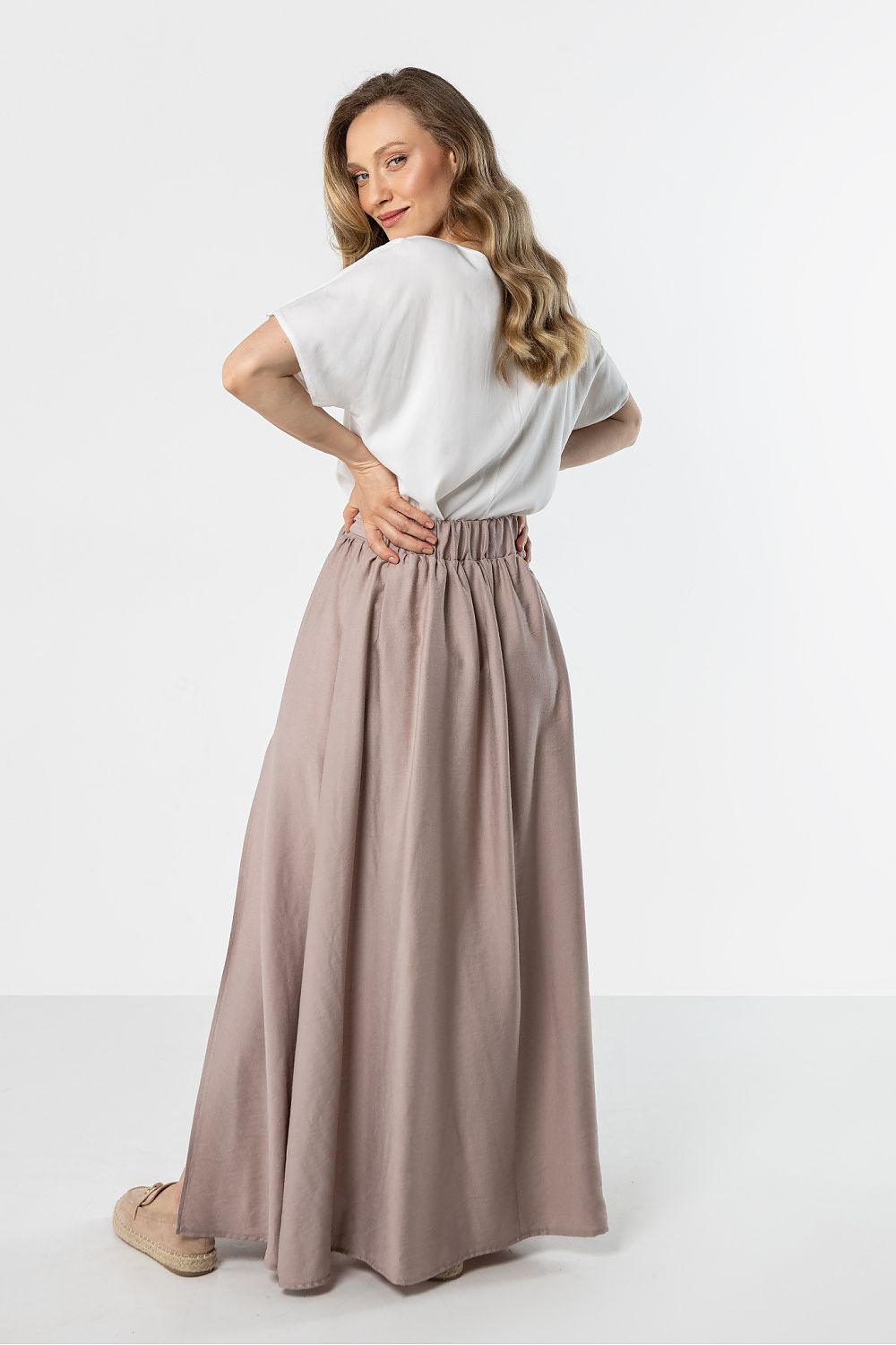 Long taupe beige maxi skirt with elastic waistband and A-line drape