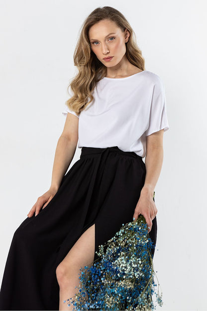 Black long skirt with gathered waist and front side slit, flowing A-line