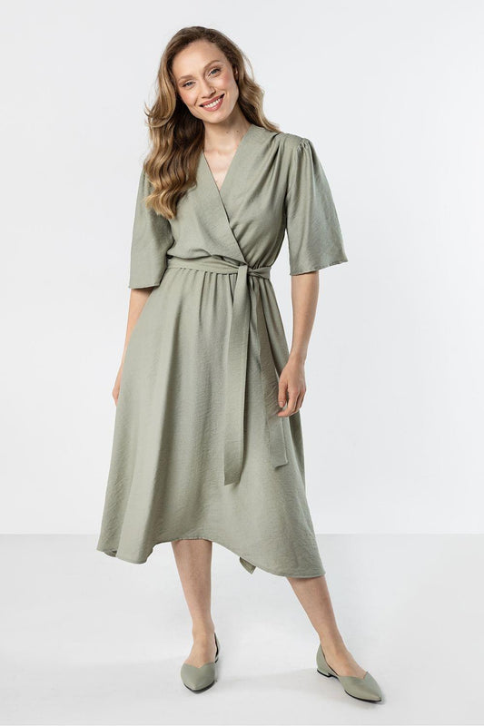 Olive green wrap daydress with V-neckline, belted waist tie, and short sleeves