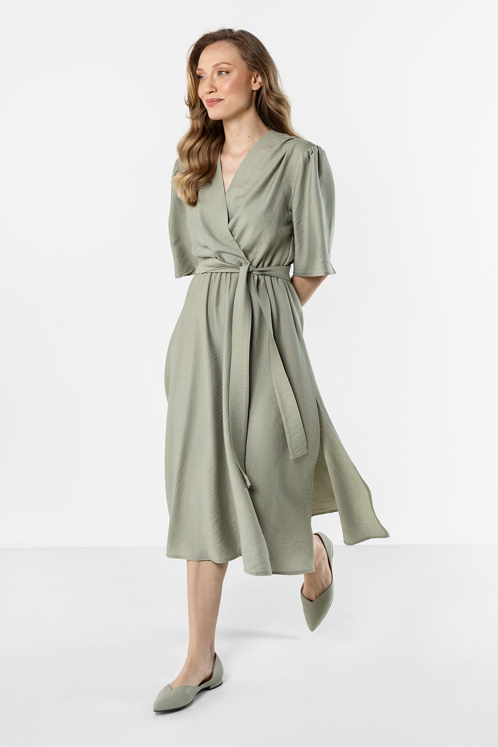 Olive green wrap daydress with short sleeves and long sash tie at the side