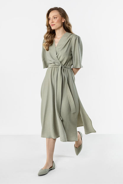 Olive green wrap daydress with short sleeves and long sash tie at the side