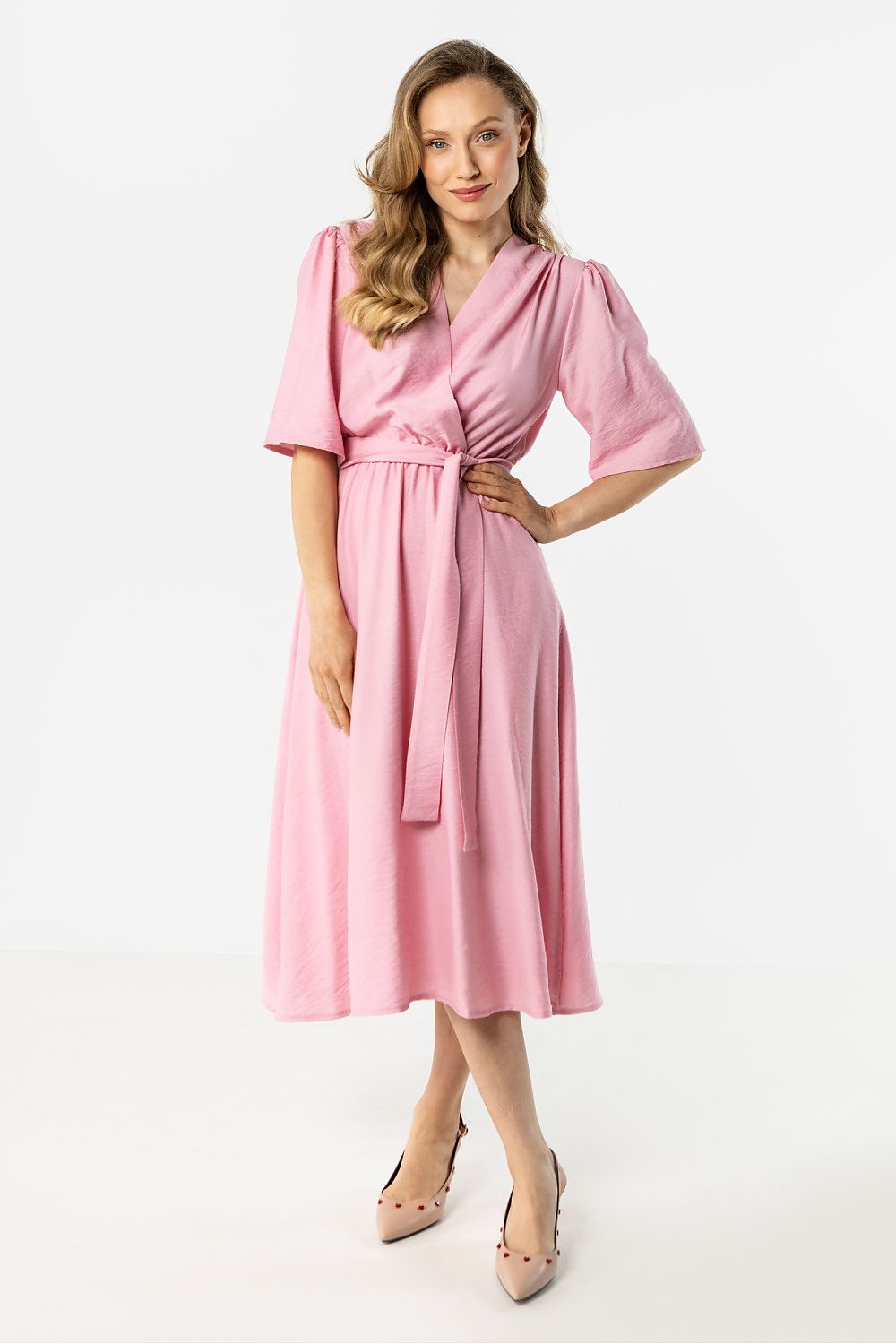 Pink midi wrap daydress with short sleeves and waist tie