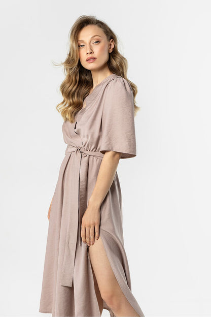 Taupe wrap daydress with short sleeves and waist tie, side slit
