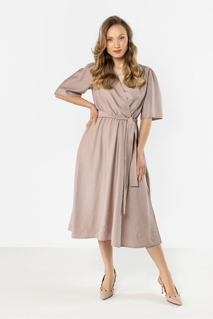 Taupe midi wrap daydress with short sleeves and waist tie, mid-calf length