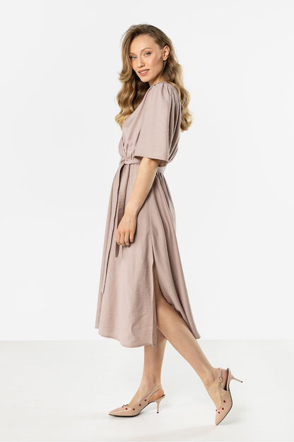 Taupe wrap daydress with short sleeves and waist tie, side slit