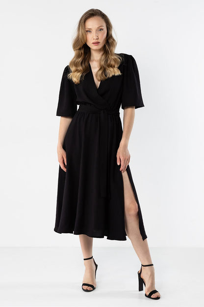 Black wrap daydress with V-neck and waist tie, short sleeves and side slit
