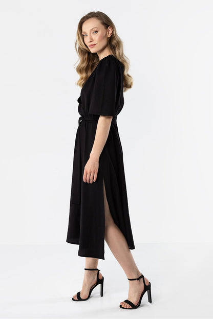Awama daydress model 225339 in black, half-sleeve with tie belt and side slit