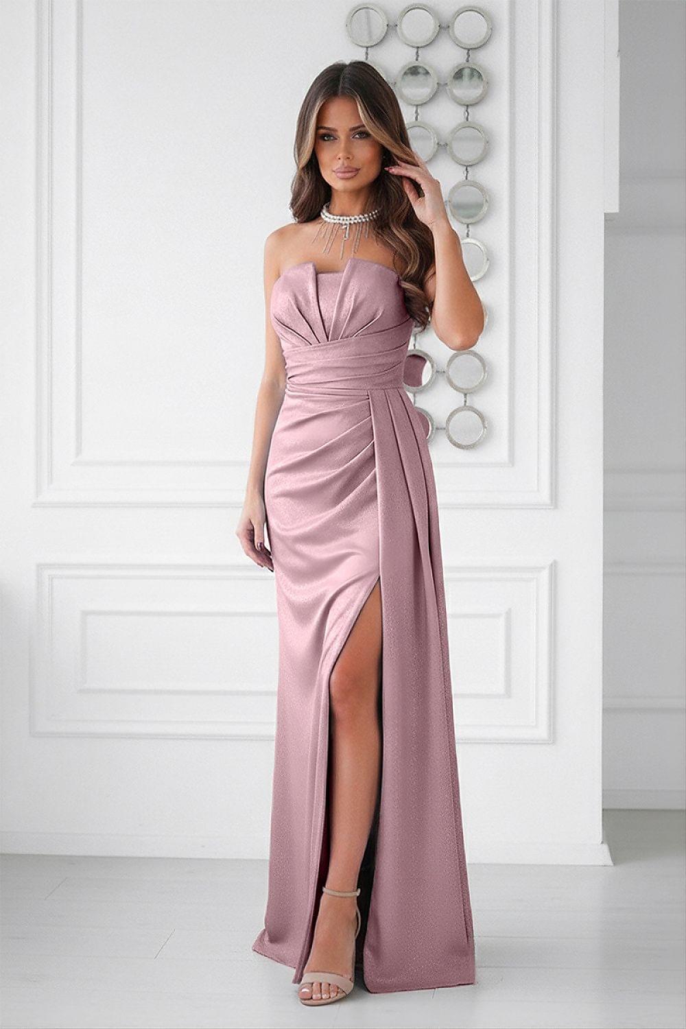 Mauve strapless long dress with draped bust and front thigh-high slit