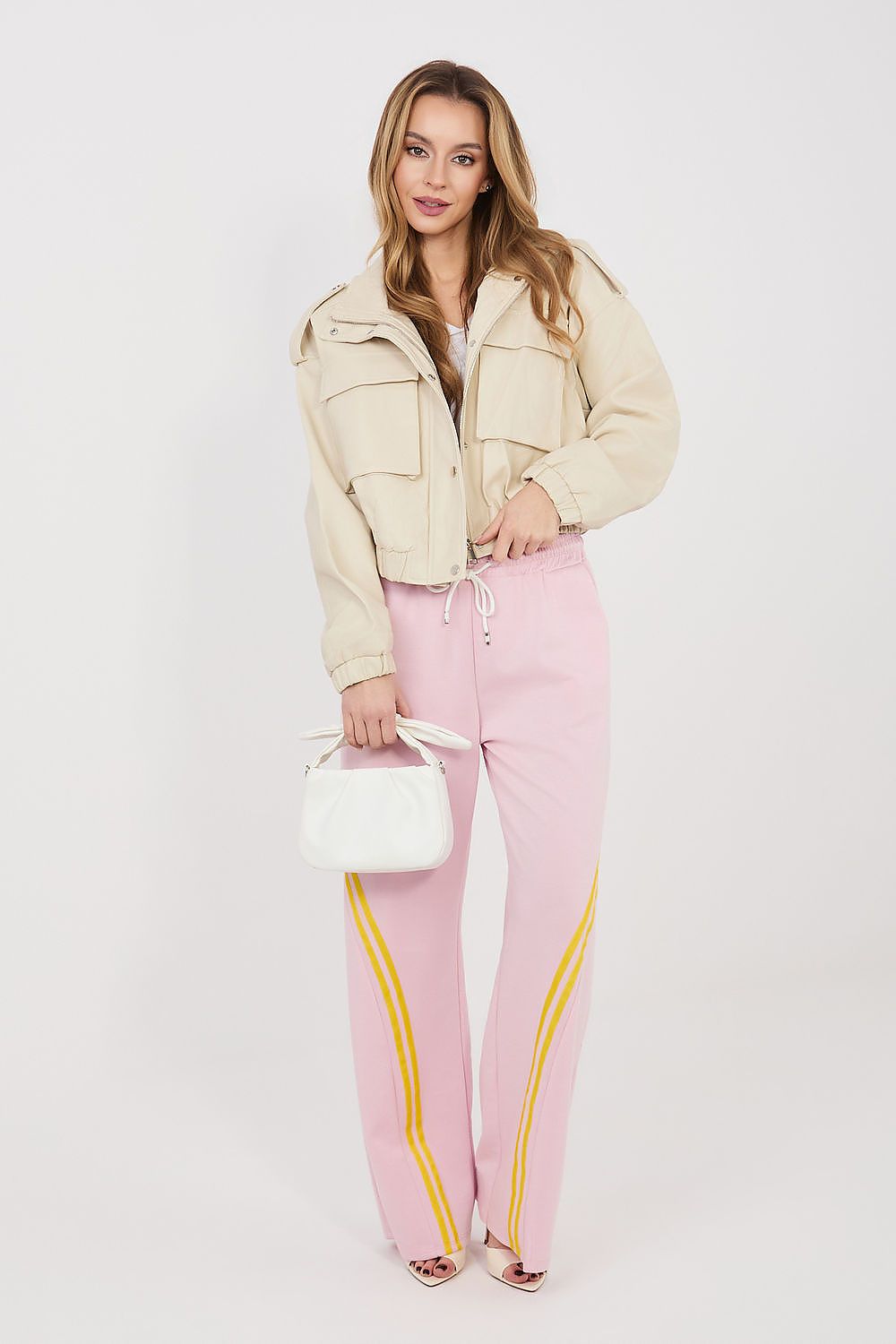 Tracksuit trousers, soft pink with yellow side stripes, drawstring elastic waist, wide legs