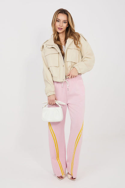 Tracksuit trousers, soft pink with yellow side stripes, drawstring elastic waist, wide legs