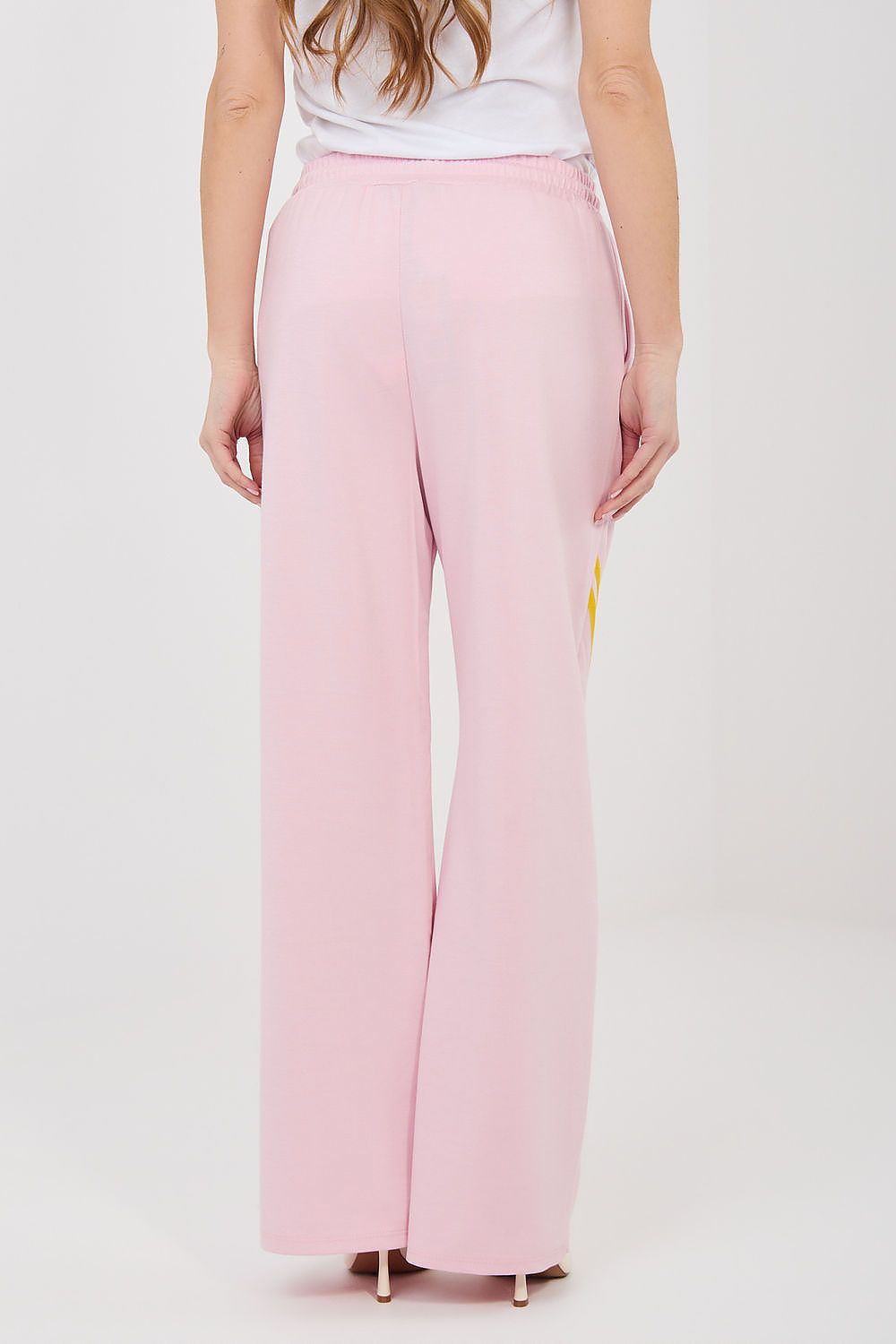 Tracksuit trousers, soft pink wide-leg pants with yellow side stripe and elastic drawstring waist