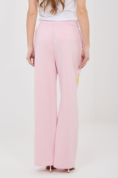 Tracksuit trousers, soft pink wide-leg pants with yellow side stripe and elastic drawstring waist
