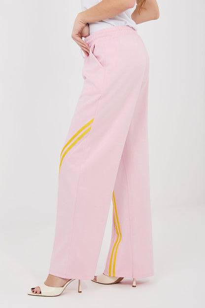 Tracksuit trousers, soft pink with yellow side stripe, wide legs and drawstring elastic waist
