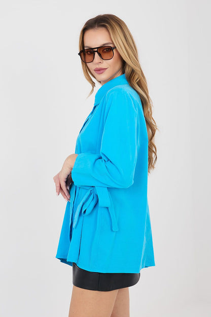 Turquoise long sleeve shirt, button front with waist tie, three-quarter sleeves