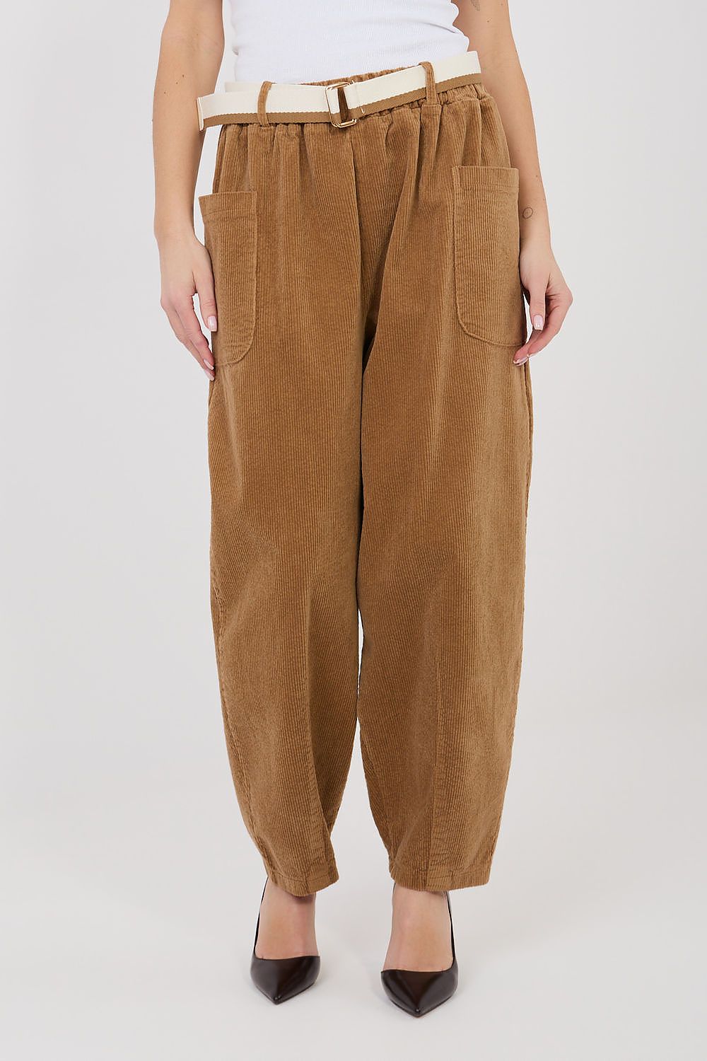 Corduroy trousers in brown corduroy, front view with belted waist and cargo-style pockets