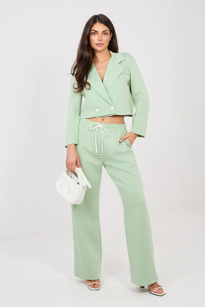 Light green two-piece set with cropped blazer and wide-leg pants, drawstring waist