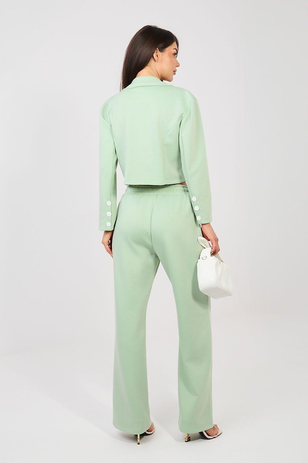 Light green two-piece set with cropped jacket and wide-leg trousers, back view