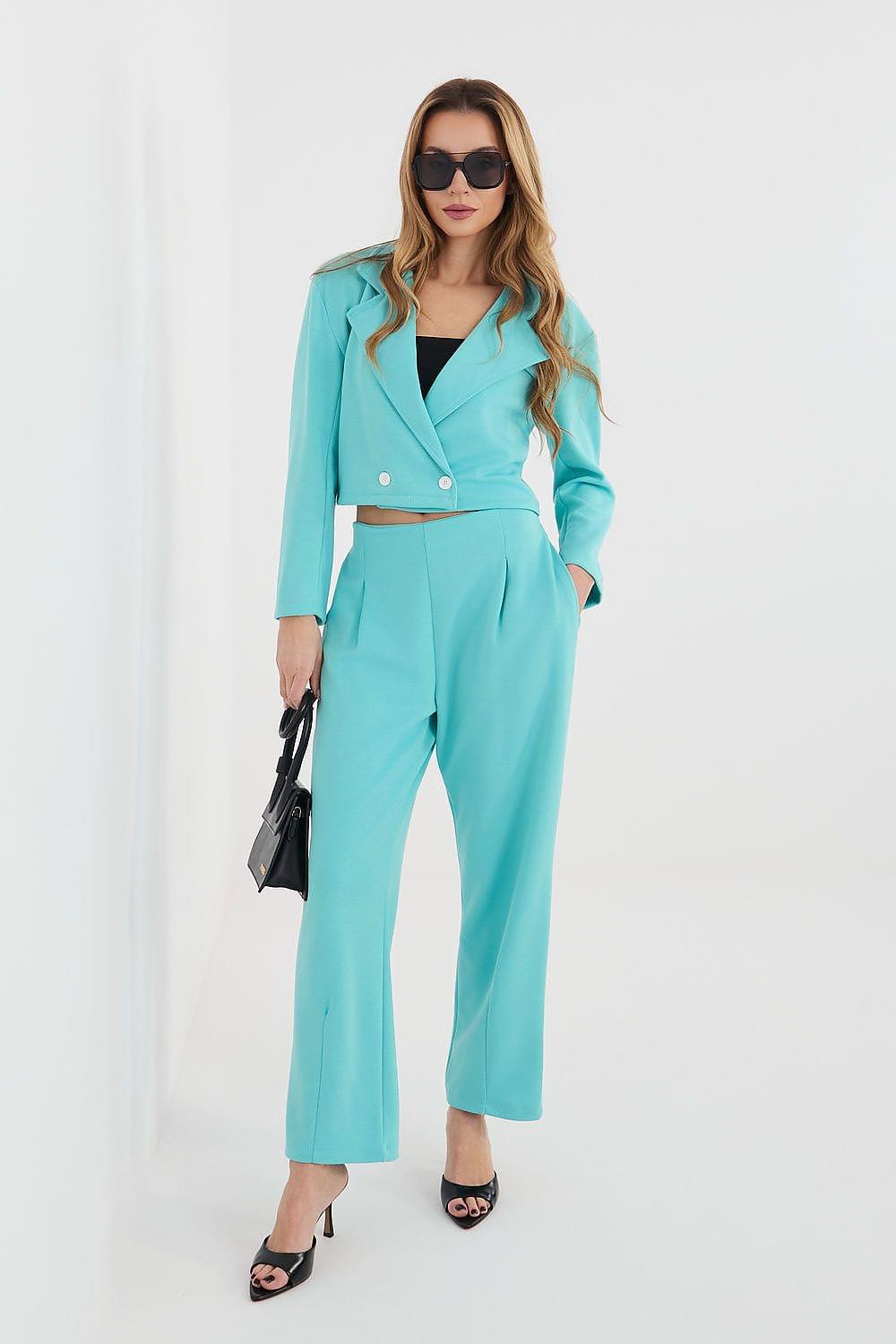 Teal two-piece set: cropped button-front jacket and wide-leg ankle pants