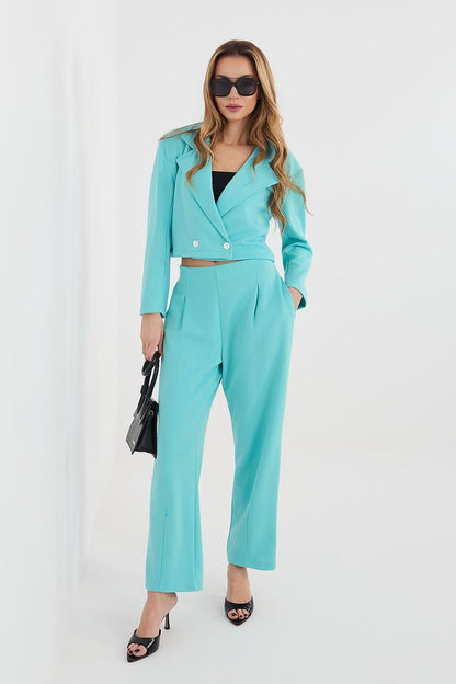 Teal two-piece set: cropped button-front jacket and wide-leg ankle pants