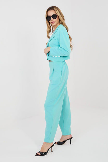Teal two-piece suit: button-front cropped jacket and high-rise wide ankle pants