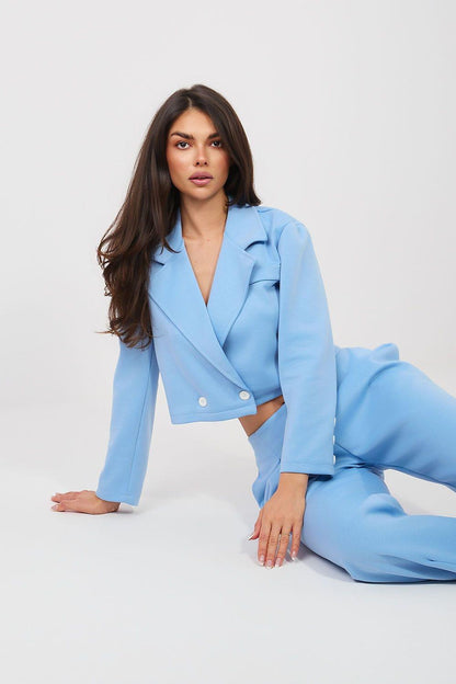 Sky blue two-piece suit: cropped wrap-style blazer and matching wide-leg pants