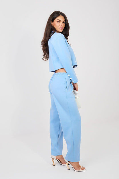 Powder blue two-piece suit: cropped button blazer and ankle wide-leg trousers