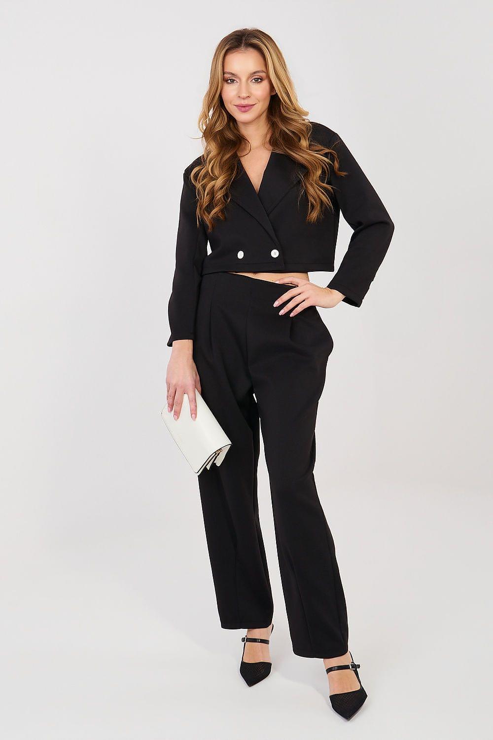 Black two-piece suit: cropped button-front jacket and wide ankle-length trousers