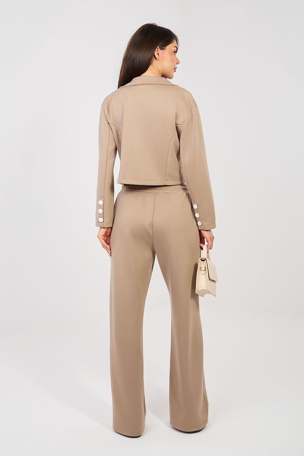 Beige two-piece set with cropped jacket and wide-leg trousers, back view