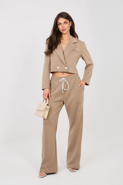 Beige cropped blazer and wide-leg trousers set, drawstring waist, lapels, two-button front